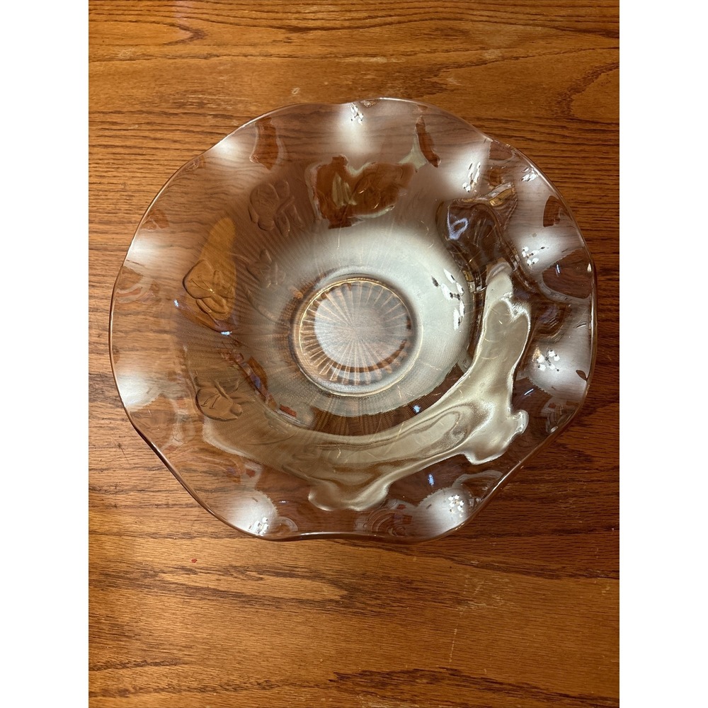 Vintage Marigold Carnival Glass Ruffled Bowl Iridescent Floral Pattern 9 Inch